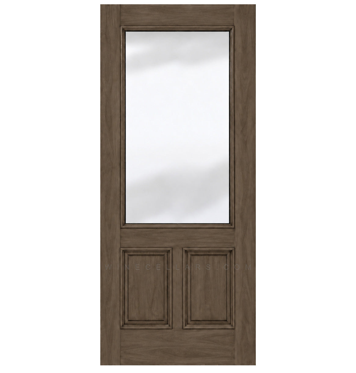 Medium wood wine cellar door with upper glass panel and two inset lower panels