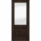 Dark brown wood wine cellar door with upper glass panel and two inset lower panels