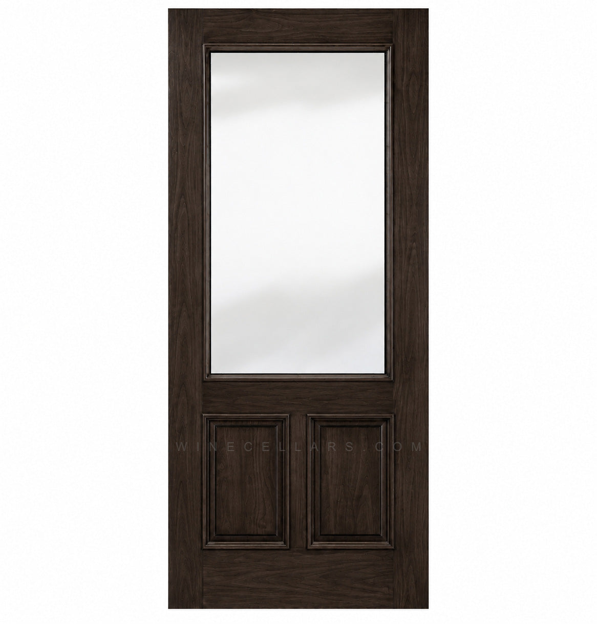 Dark brown wood wine cellar door with upper glass panel and two inset lower panels