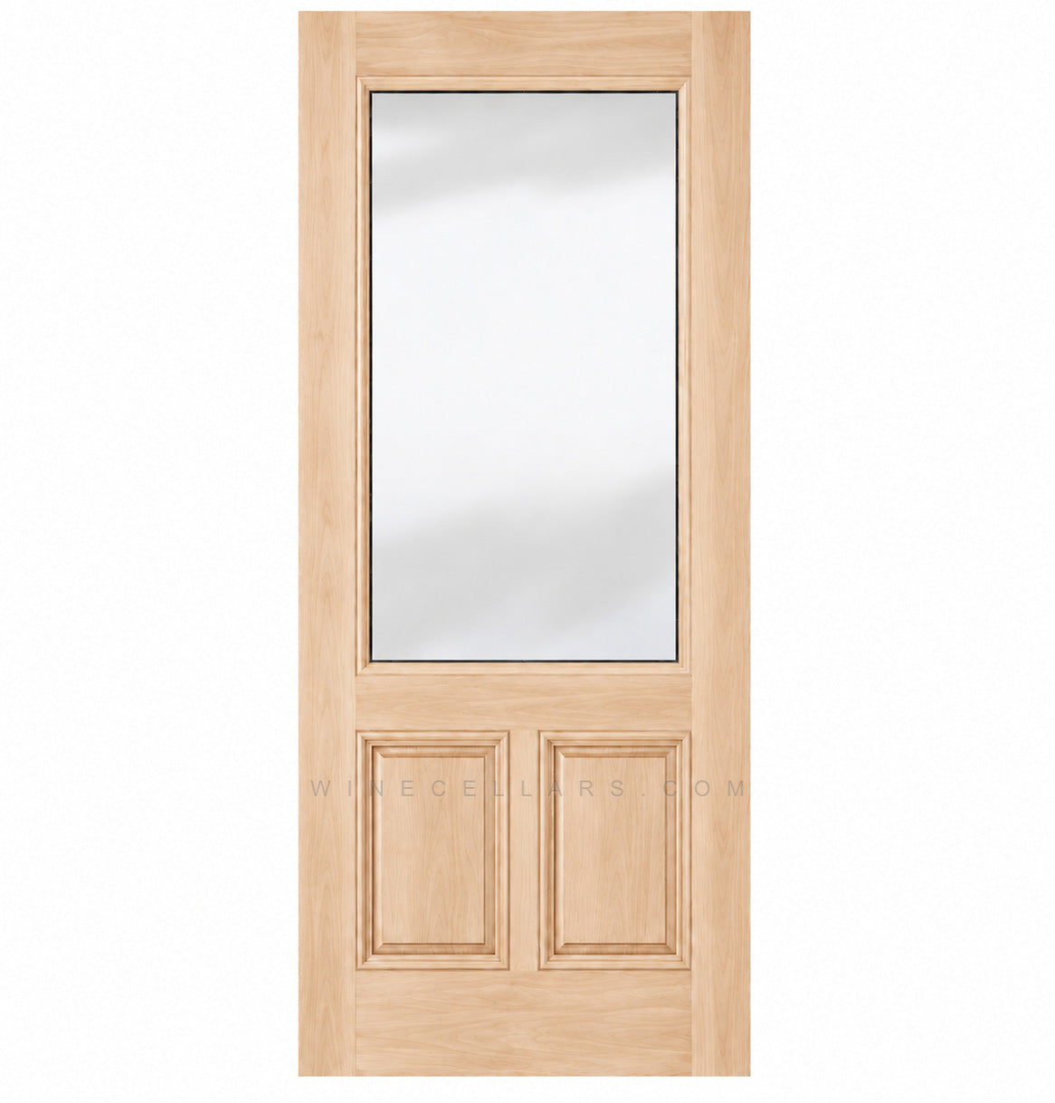 Light wood wine cellar door with upper glass panel and two inset lower panels