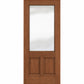 Warm brown wood wine cellar door with upper glass panel and two inset lower panels