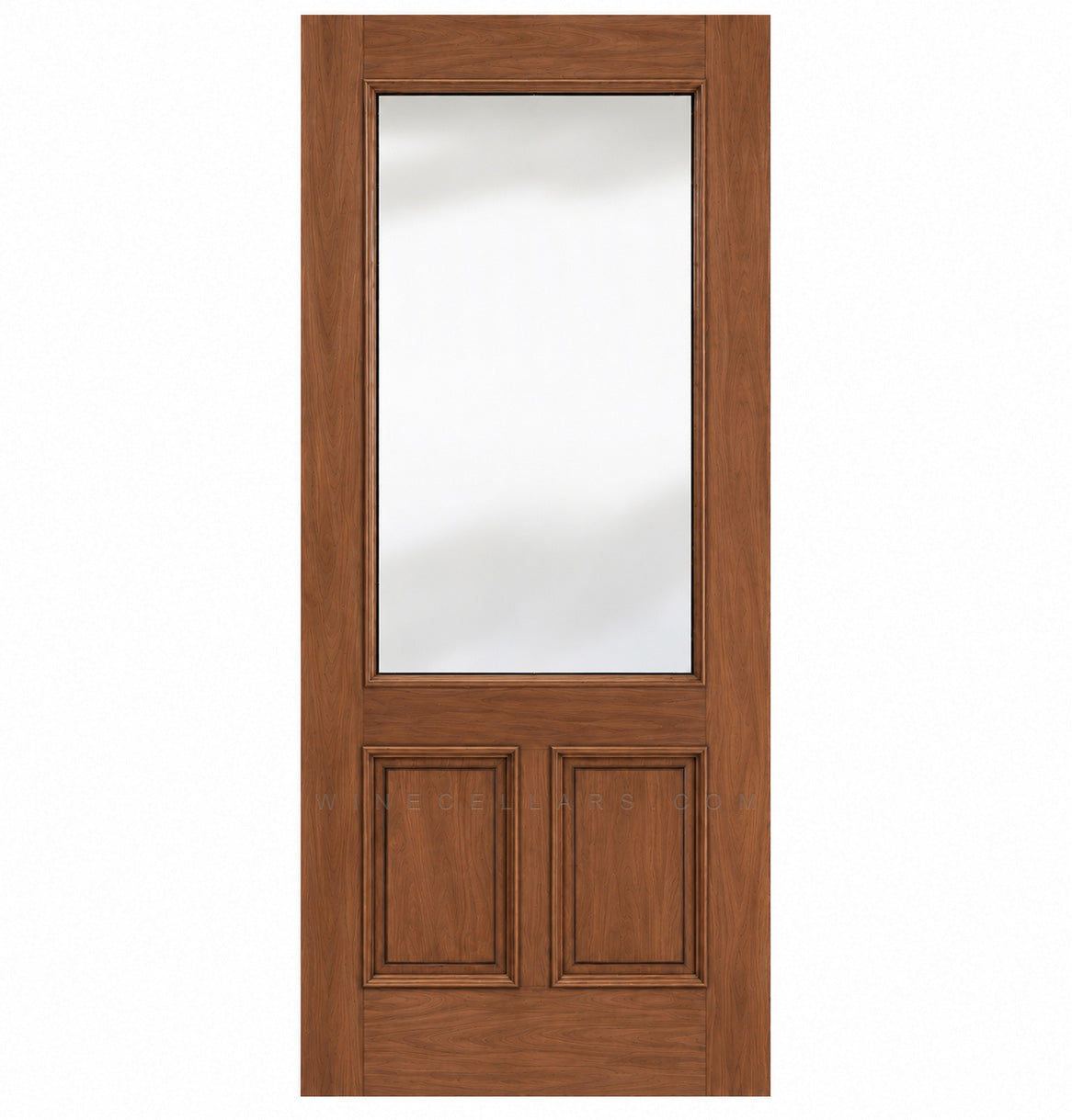 Warm brown wood wine cellar door with upper glass panel and two inset lower panels