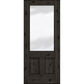 Very dark wood wine cellar door with upper glass panel and two inset lower panels