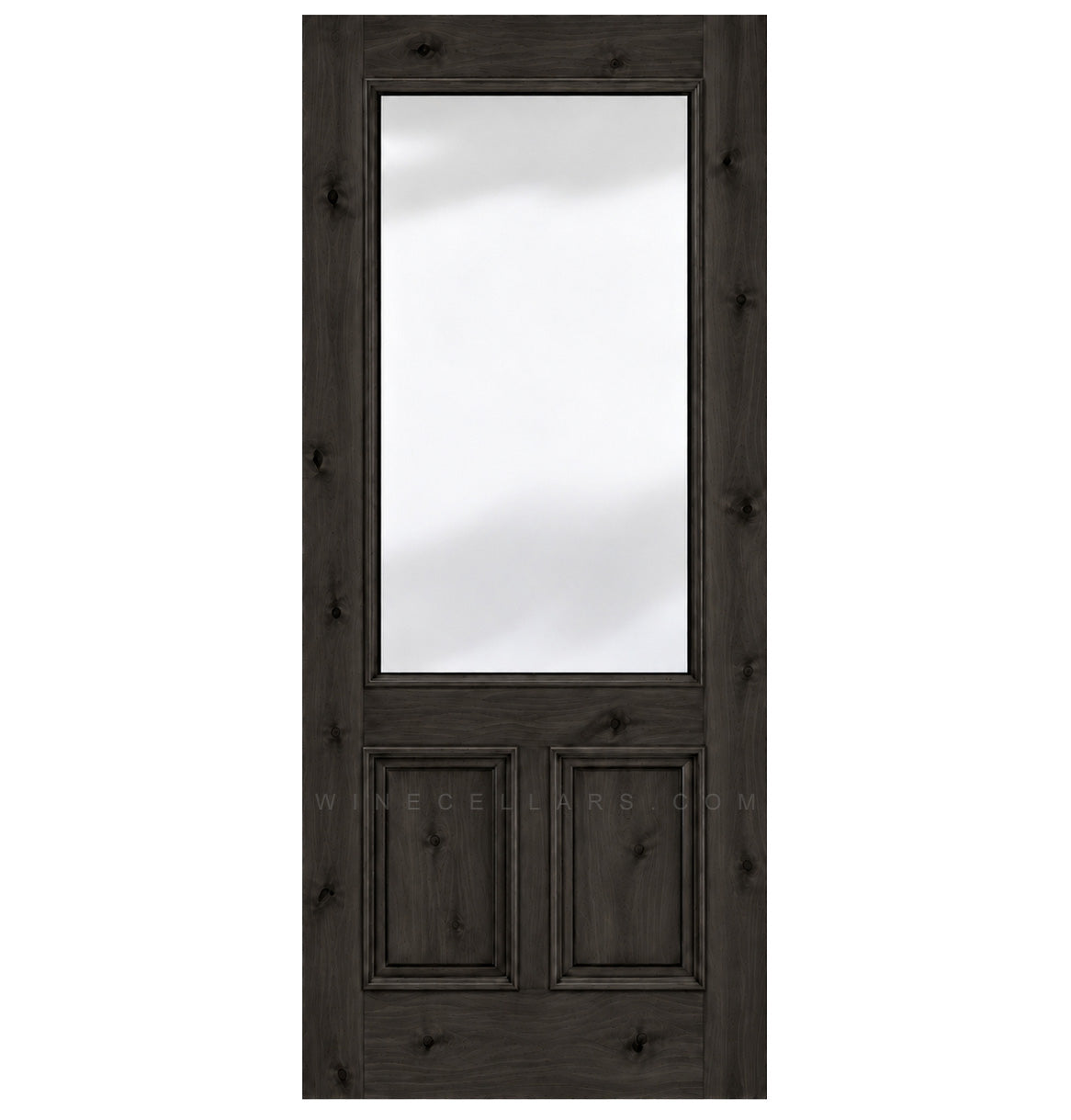 Very dark wood wine cellar door with upper glass panel and two inset lower panels