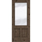Smoky brown wood wine cellar door with upper glass panel and two inset lower panels