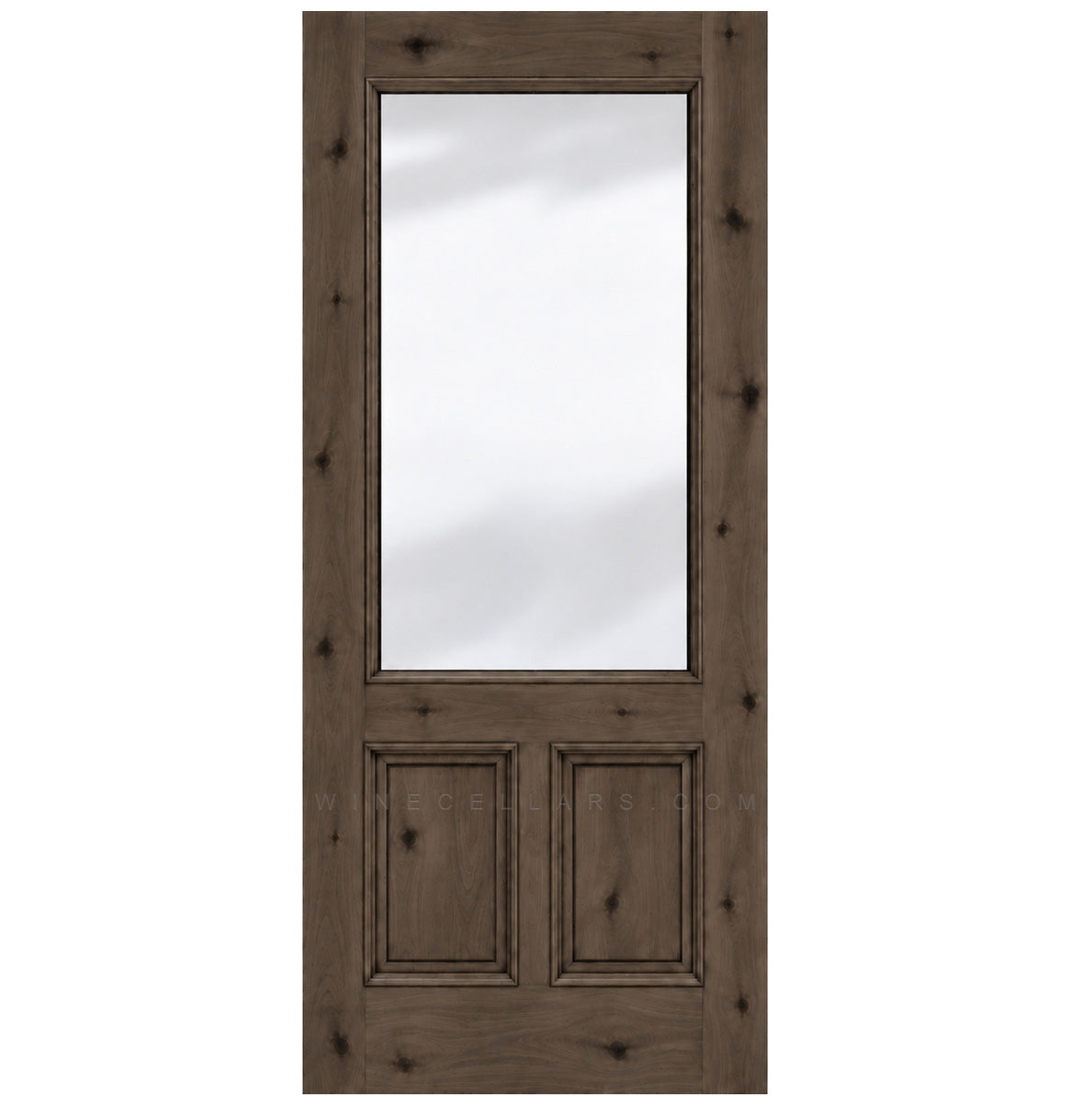 Smoky brown wood wine cellar door with upper glass panel and two inset lower panels