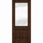 Rich brown wood wine cellar door with upper glass panel and two inset lower panels