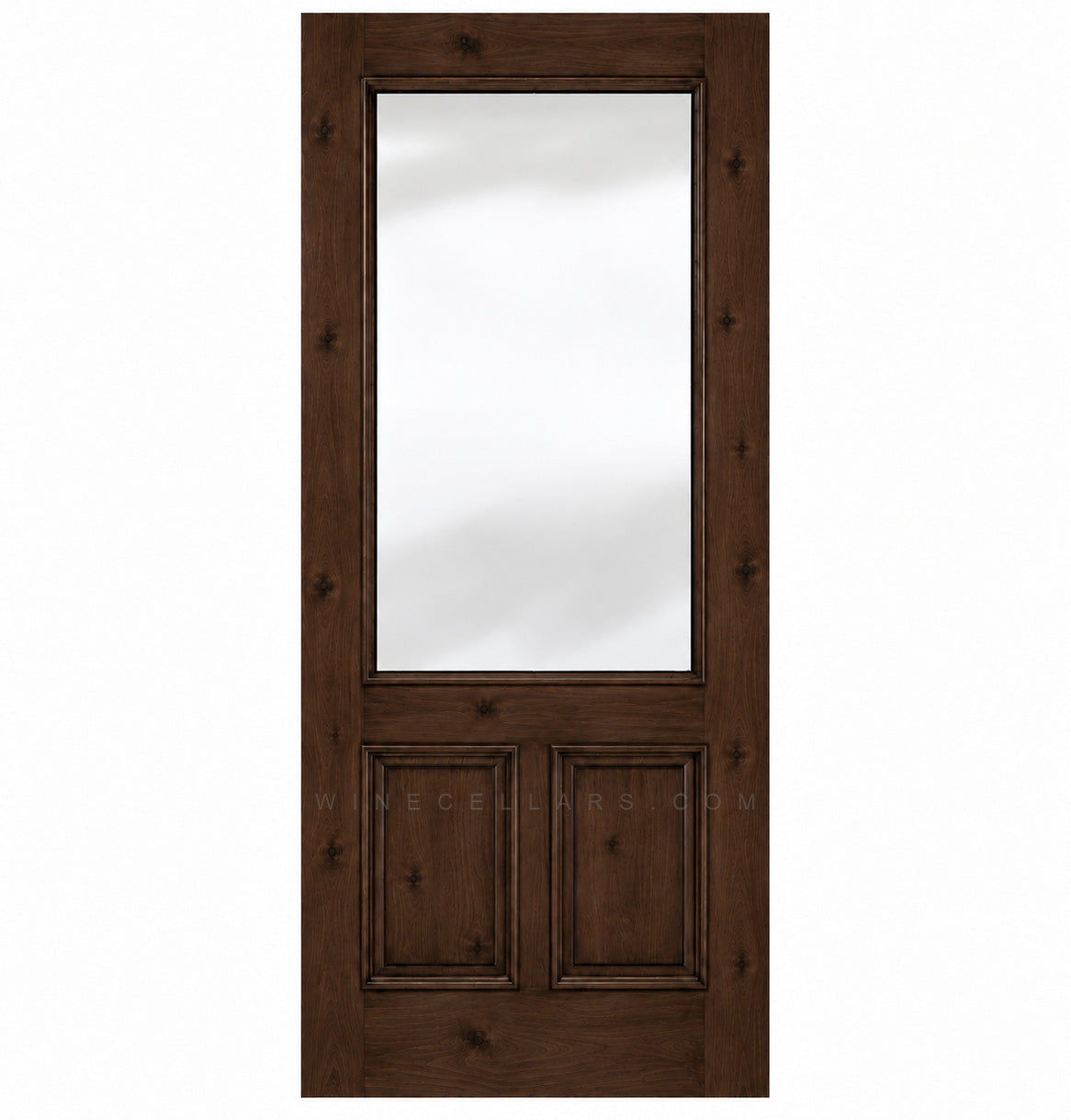 Rich brown wood wine cellar door with upper glass panel and two inset lower panels
