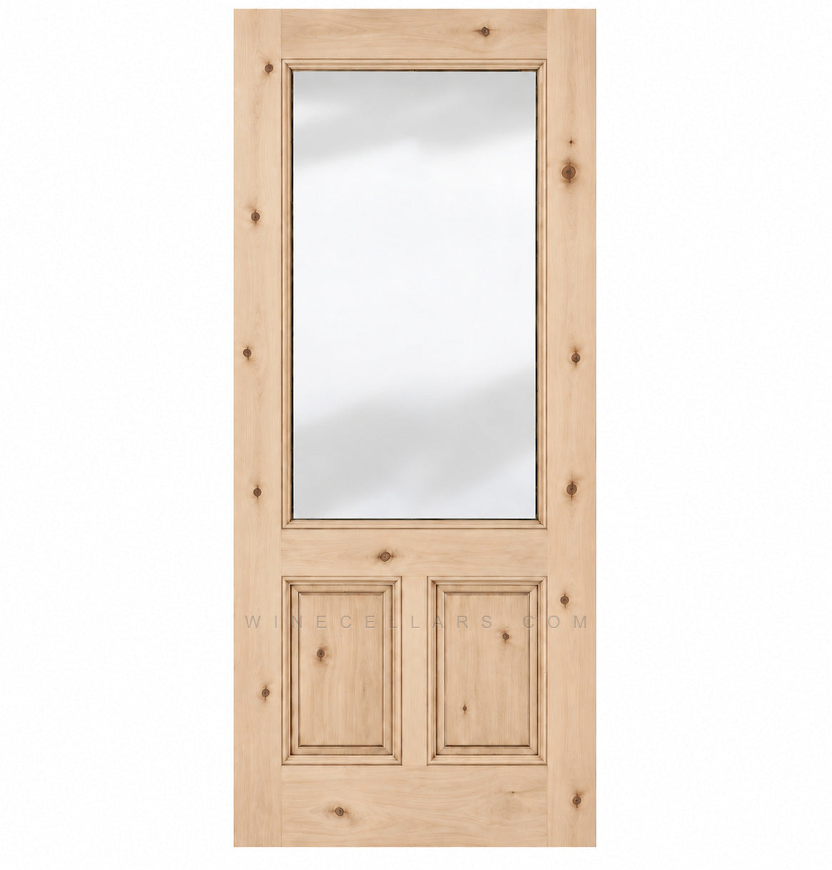 Light pine-toned wood wine cellar door with upper glass panel and two inset lower panels