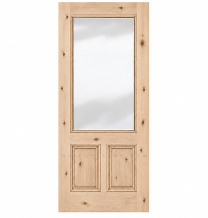 Light pine-toned wood wine cellar door with upper glass panel and two inset lower panels