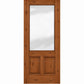 Amber brown wood wine cellar door with upper glass panel and two inset lower panels