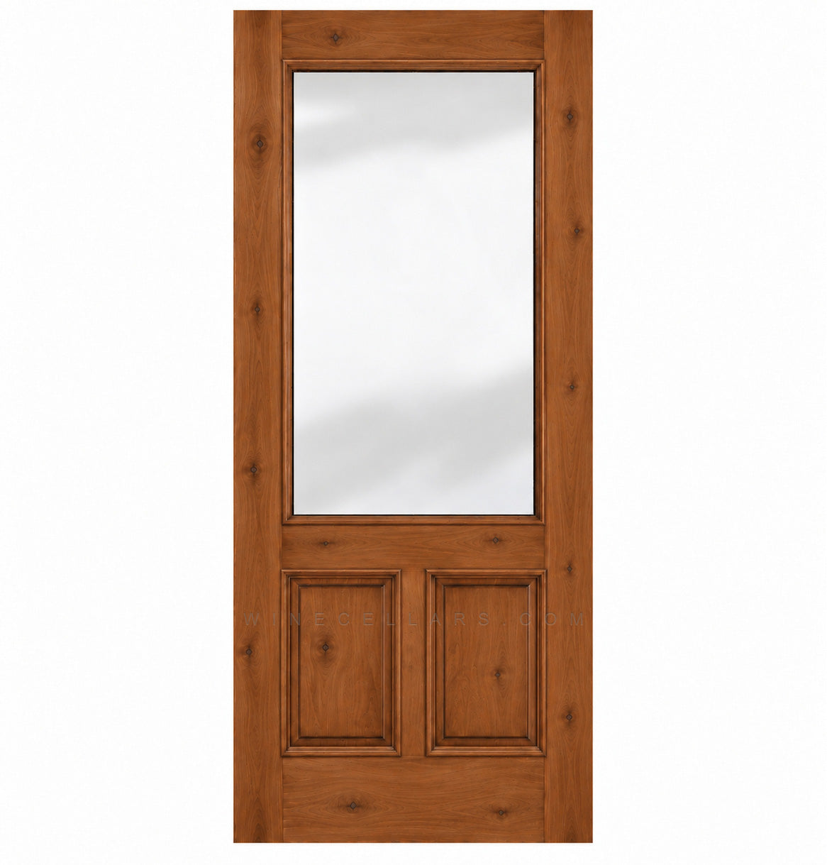 Amber brown wood wine cellar door with upper glass panel and two inset lower panels