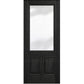 Wine cellar door with dark wood frame and upper frosted glass panel, two lower panels