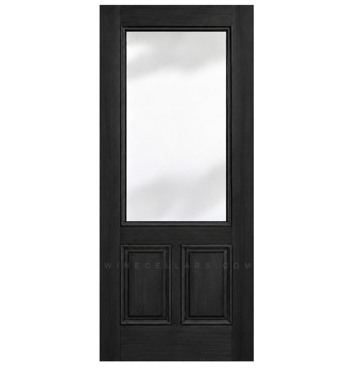 Wine cellar door with dark wood frame and upper frosted glass panel, two lower panels