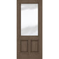 Wine cellar door with taupe wood frame and upper frosted glass panel, two lower cabinet panels