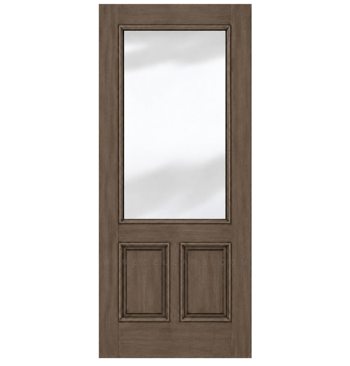Wine cellar door with taupe wood frame and upper frosted glass panel, two lower cabinet panels