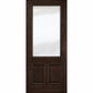 Wine cellar door with dark brown wood frame, upper frosted glass panel and two lower inset panels