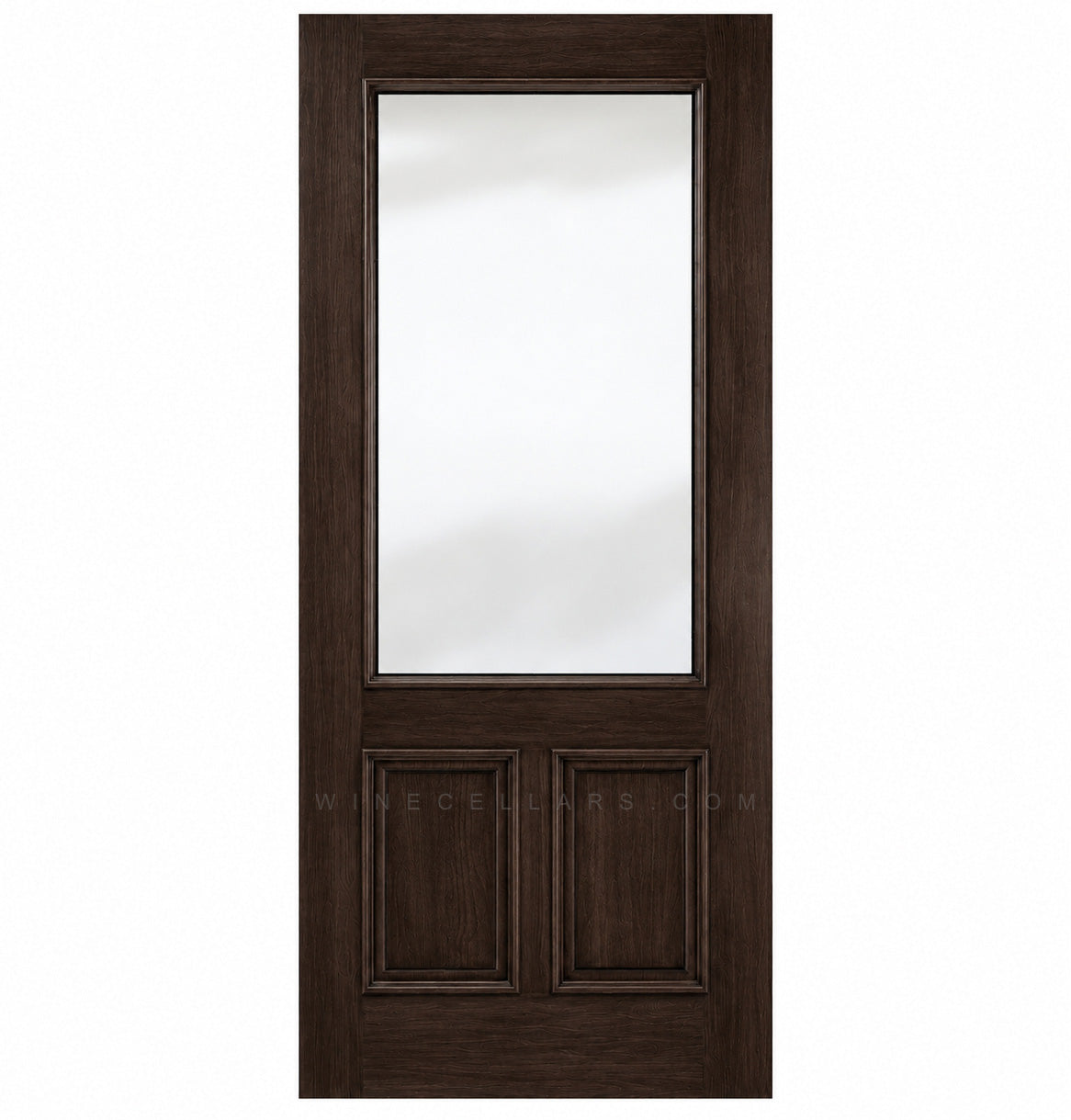 Wine cellar door with dark brown wood frame, upper frosted glass panel and two lower inset panels