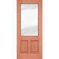 Wine cellar door with warm red wood frame, upper frosted glass panel and two lower inset panels