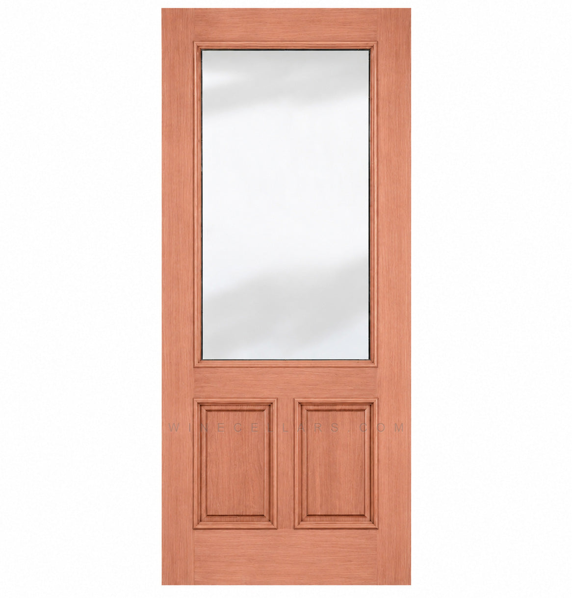Wine cellar door with warm red wood frame, upper frosted glass panel and two lower inset panels