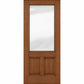 Wine cellar door with medium brown wood frame, upper frosted glass panel and two lower inset panels