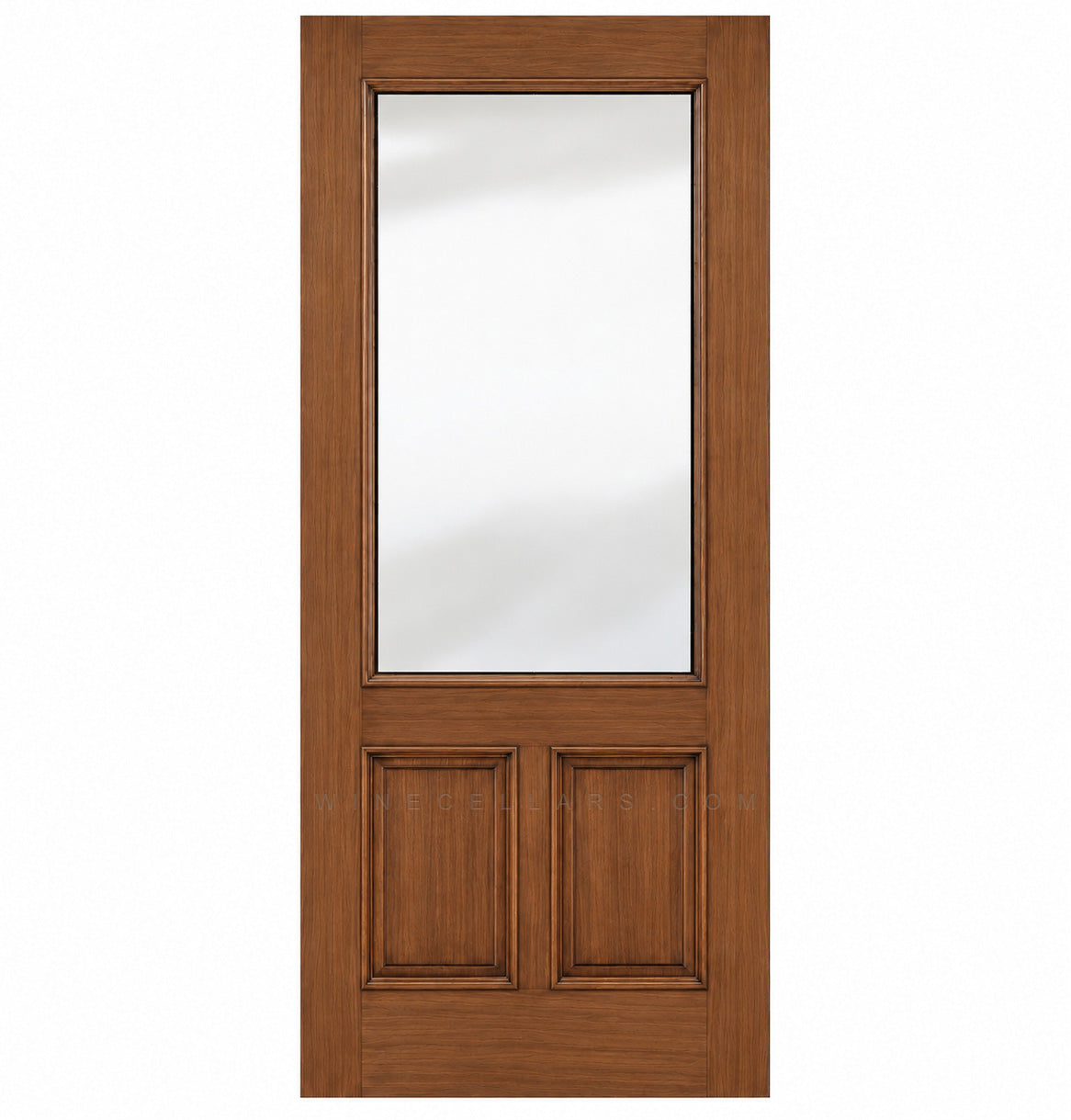 Wine cellar door with medium brown wood frame, upper frosted glass panel and two lower inset panels