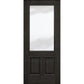 Wine cellar door with charcoal wood frame and upper frosted glass panel, two lower panels