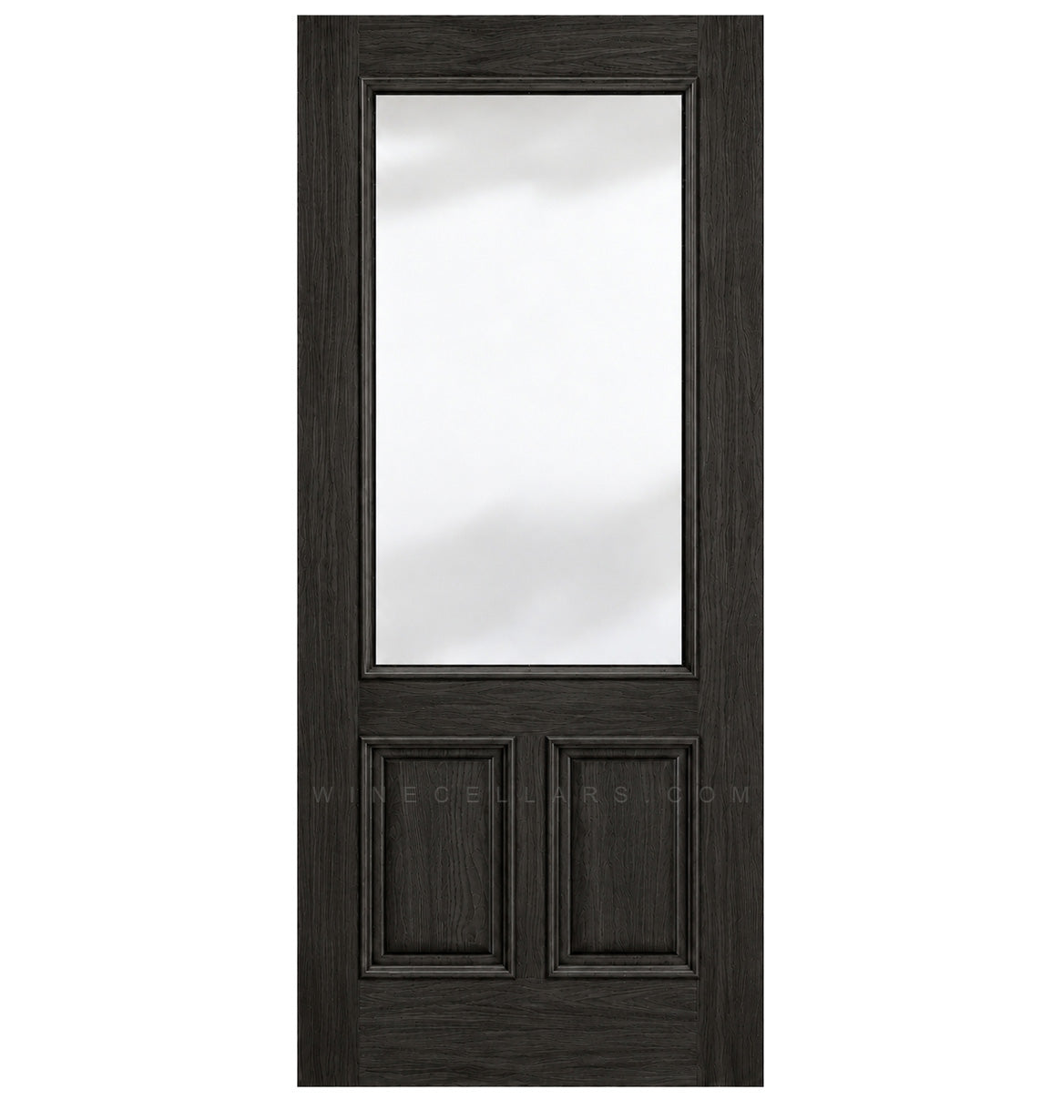 Wine cellar door with charcoal wood frame and upper frosted glass panel, two lower panels