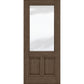 Wine cellar door with light brown wood frame and upper frosted glass panel, two lower inset panels
