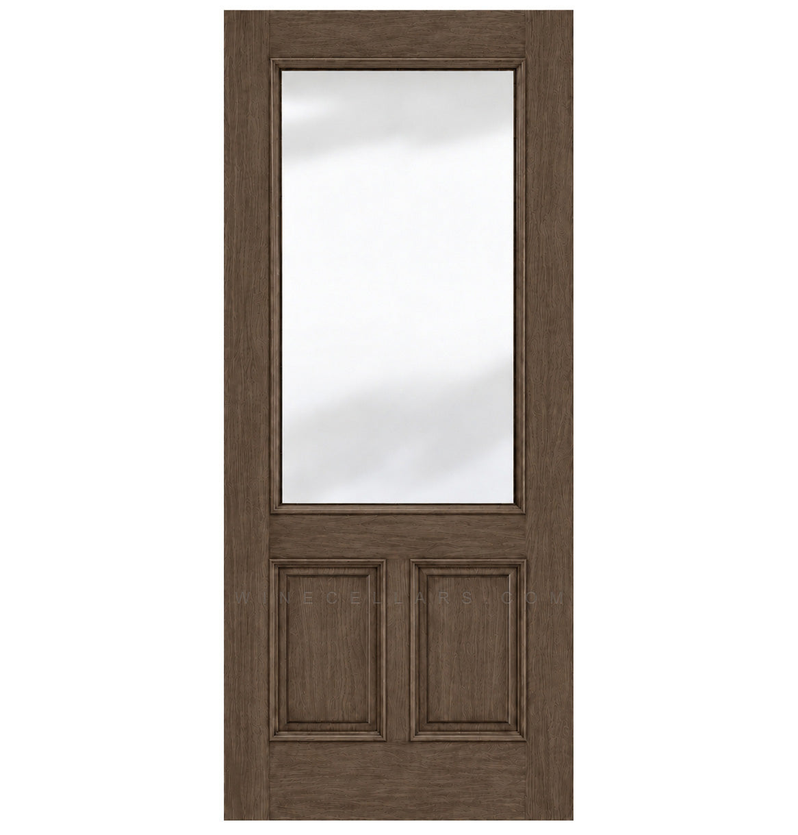 Wine cellar door with light brown wood frame and upper frosted glass panel, two lower inset panels