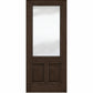 Wine cellar door with dark walnut wood frame, upper frosted glass panel and two lower inset panels