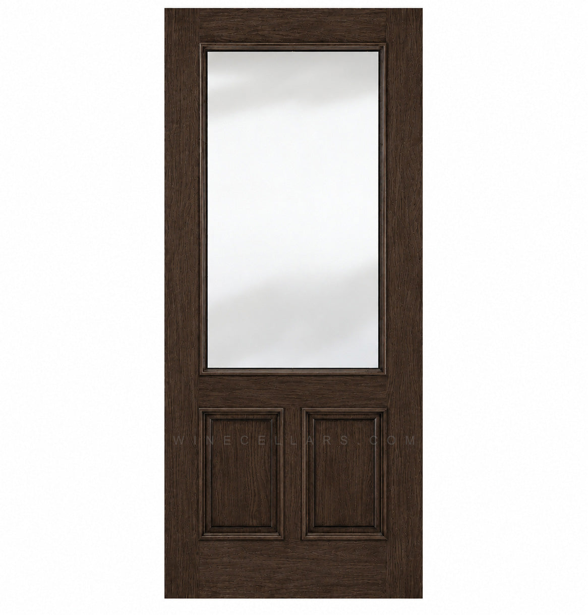 Wine cellar door with dark walnut wood frame, upper frosted glass panel and two lower inset panels