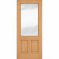 Wine cellar door with natural light wood frame, upper frosted glass panel and two lower inset panels