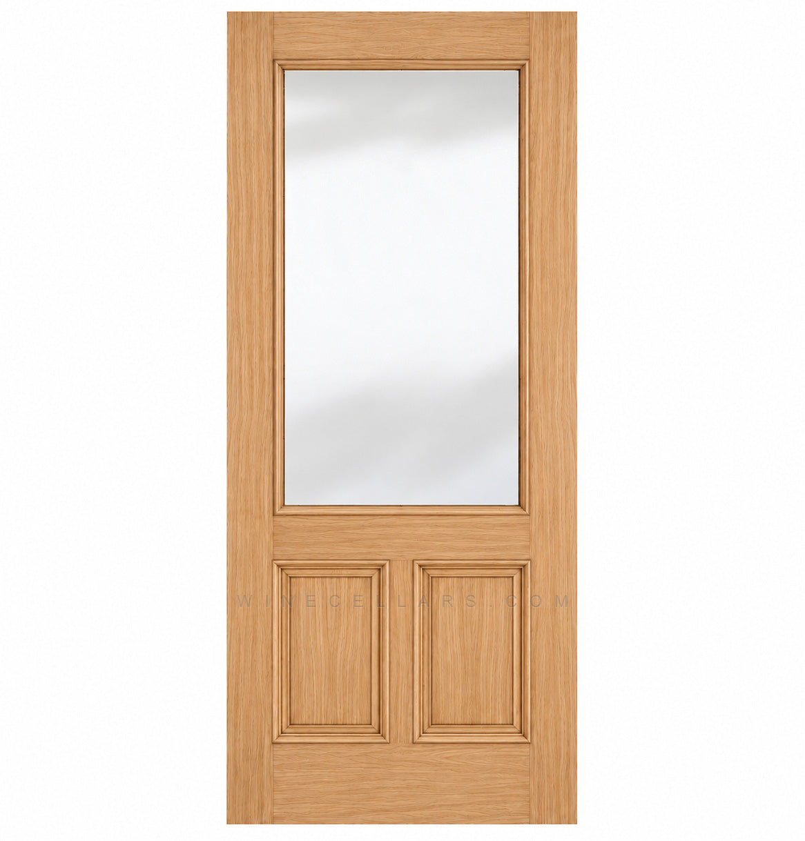 Wine cellar door with natural light wood frame, upper frosted glass panel and two lower inset panels