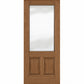 Wine cellar door with medium brown wood frame, upper frosted glass panel and two lower inset panels