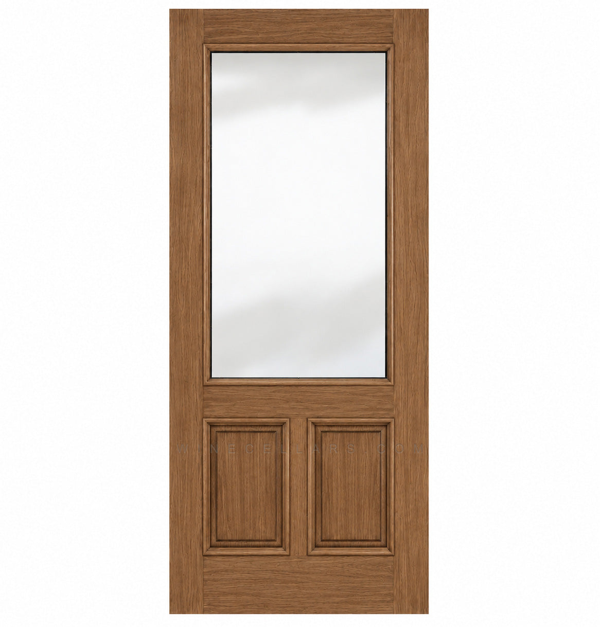Wine cellar door with medium brown wood frame, upper frosted glass panel and two lower inset panels