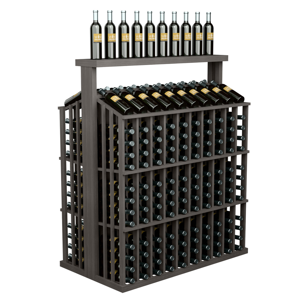 Front view dark wood wine bottle display rack with solid top and bottle storage grid
