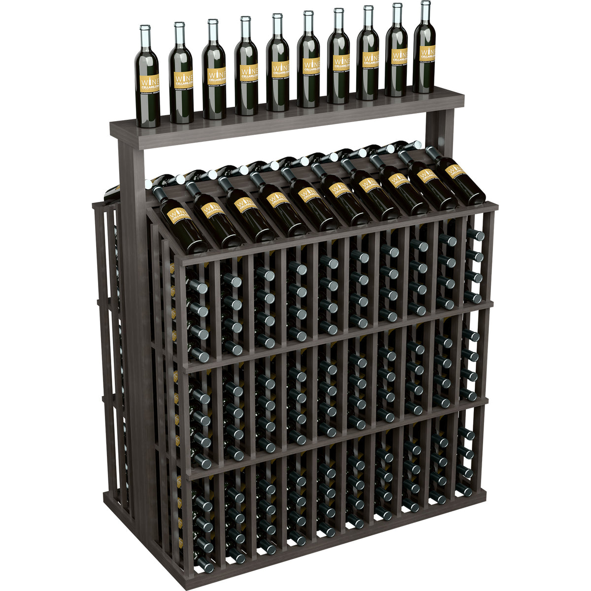 Commercial wine bottle display rack, dark finish, solid top holds bottles in rows