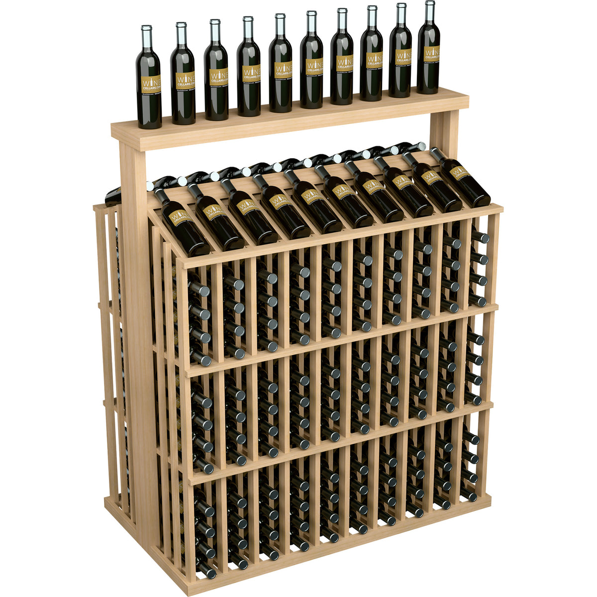 Wood wine bottle rack with solid top, open bottle rows and side slats