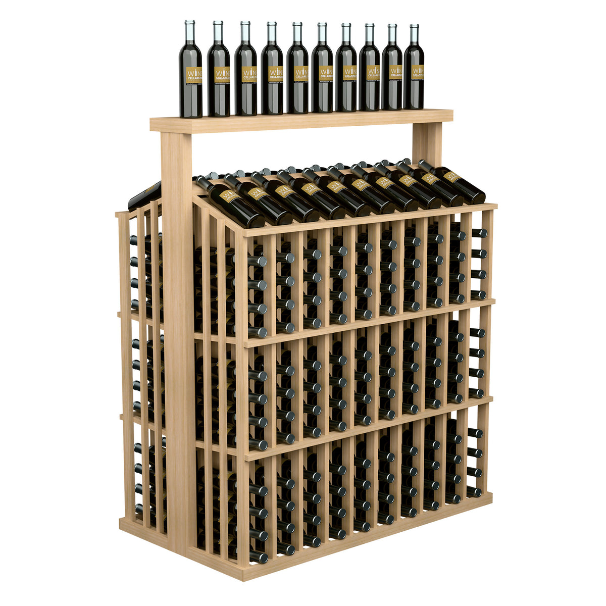 Light wood wine bottle aisle display with solid top shelf, front grid of bottle slots
