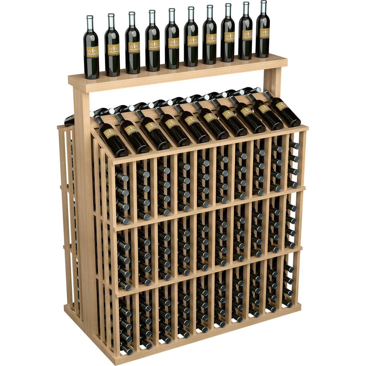 Commercial wine bottle display rack, light wood finish, solid top with bottle rows