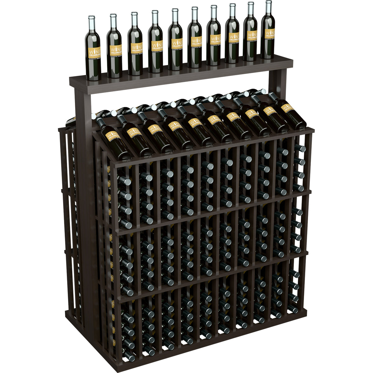 Commercial wine bottle display rack, dark finish, solid top and front bottle storage holes