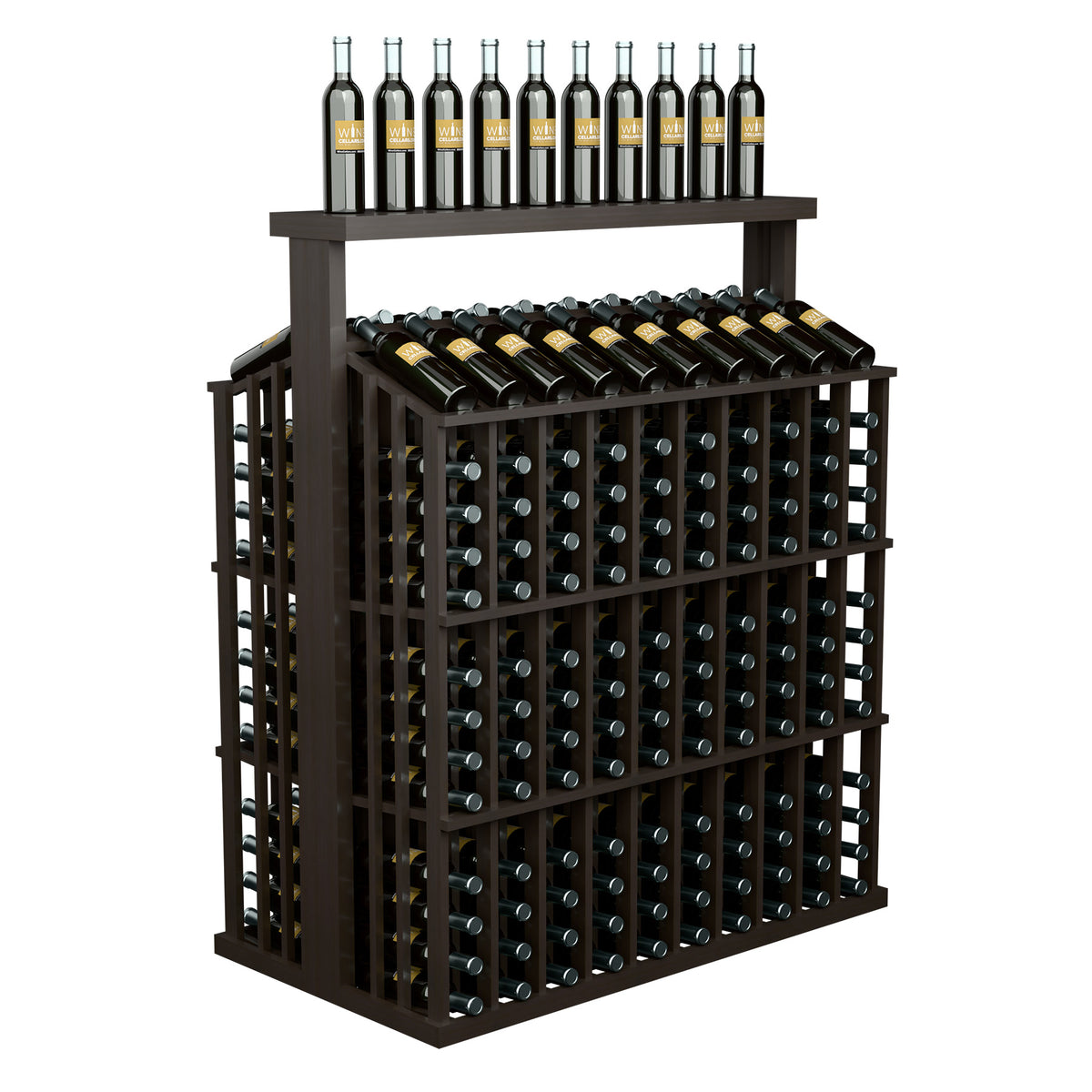 Commercial wine bottle display rack, dark finish, open side slats and front bottle grid