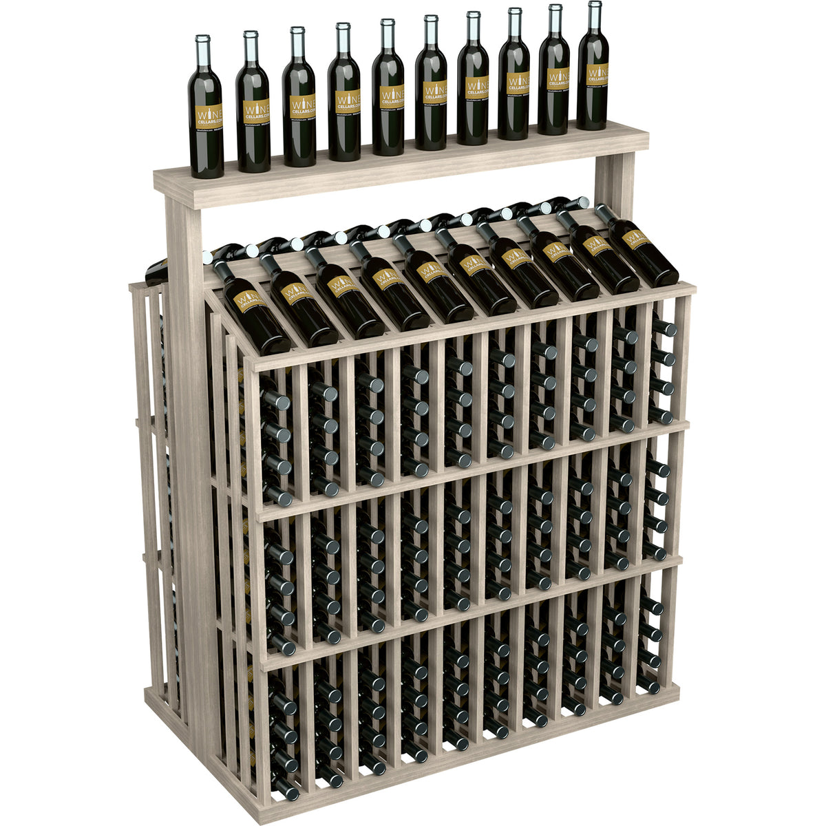 White wooden bottle aisle display with solid top and bottle slots in a front grid