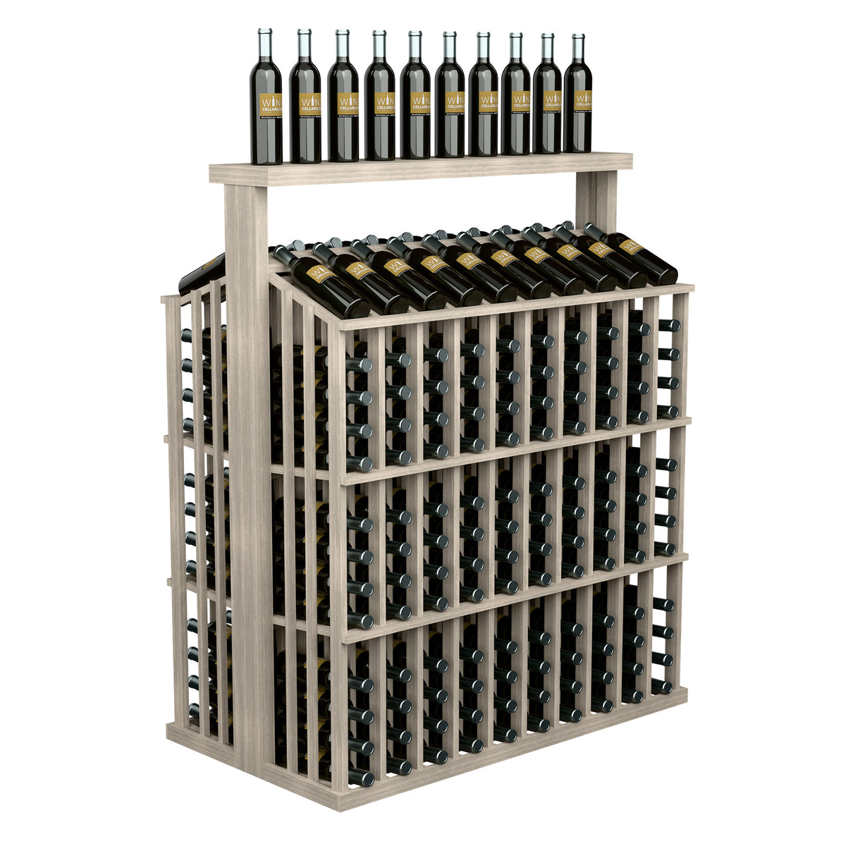 Light wood wine bottle display rack with solid top and front bottle grid