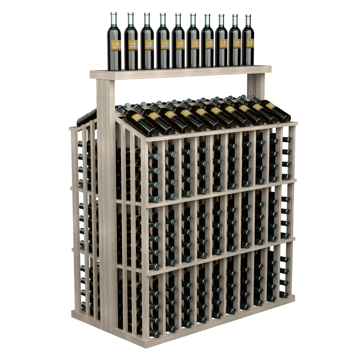 Commercial wine bottle display with solid top and front glass-style bottle holders