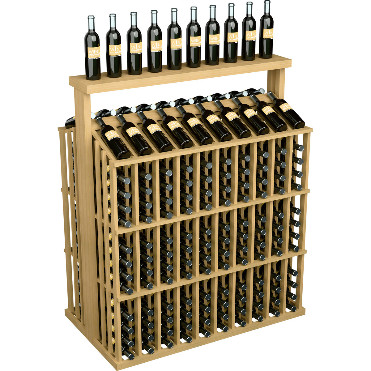 Wood wine bottle display with solid top, cradled bottles in angled perspective