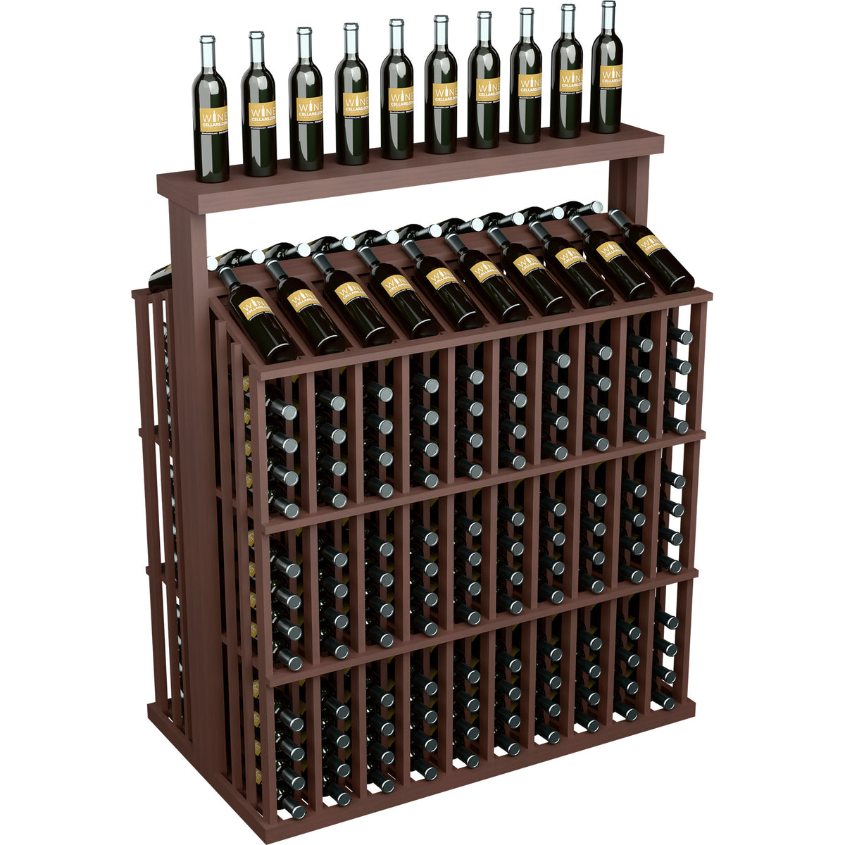 Dark wood wine bottle display with solid top and front grid holding bottles