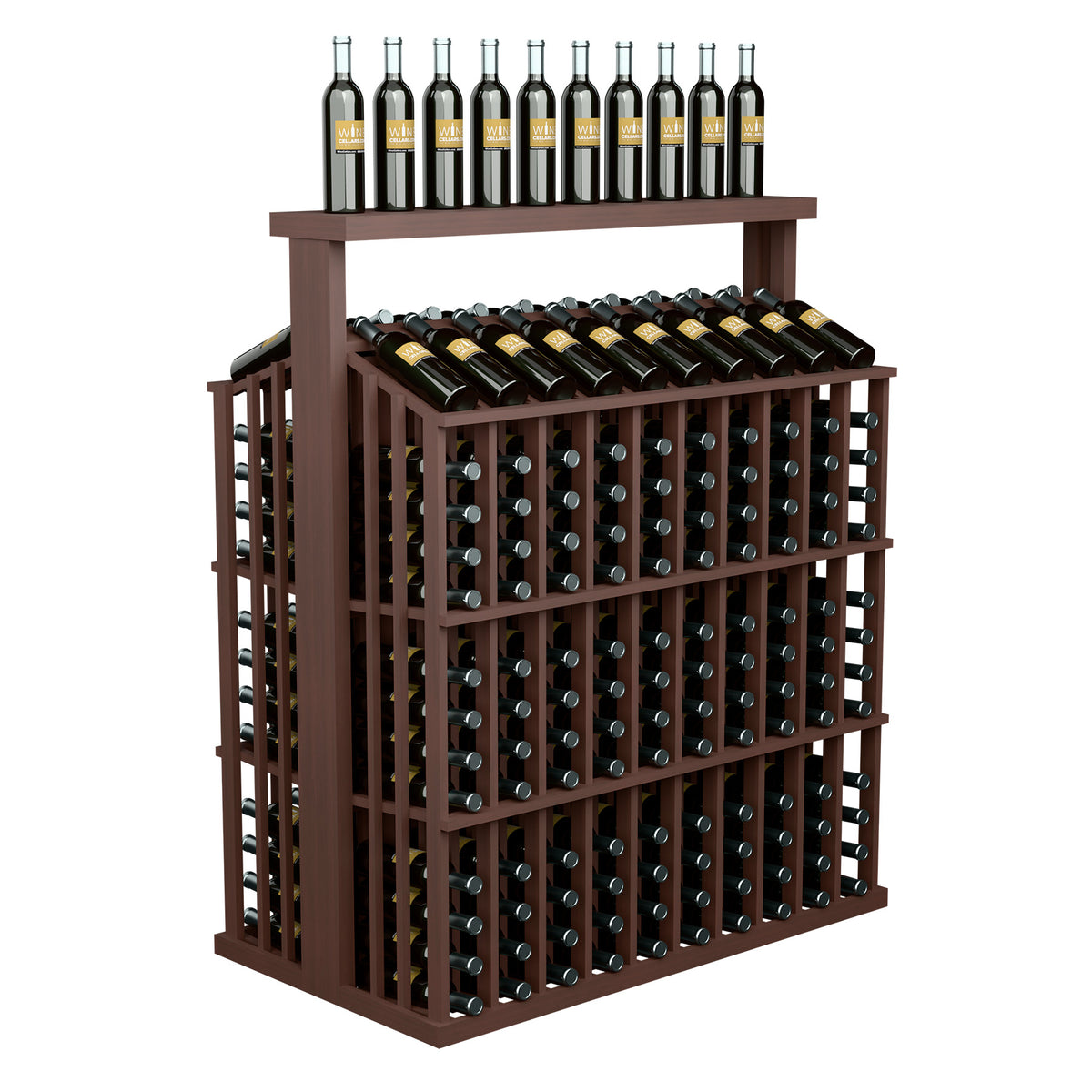 260-bottle commercial wine display with solid top, dark wood frame and bottle rows