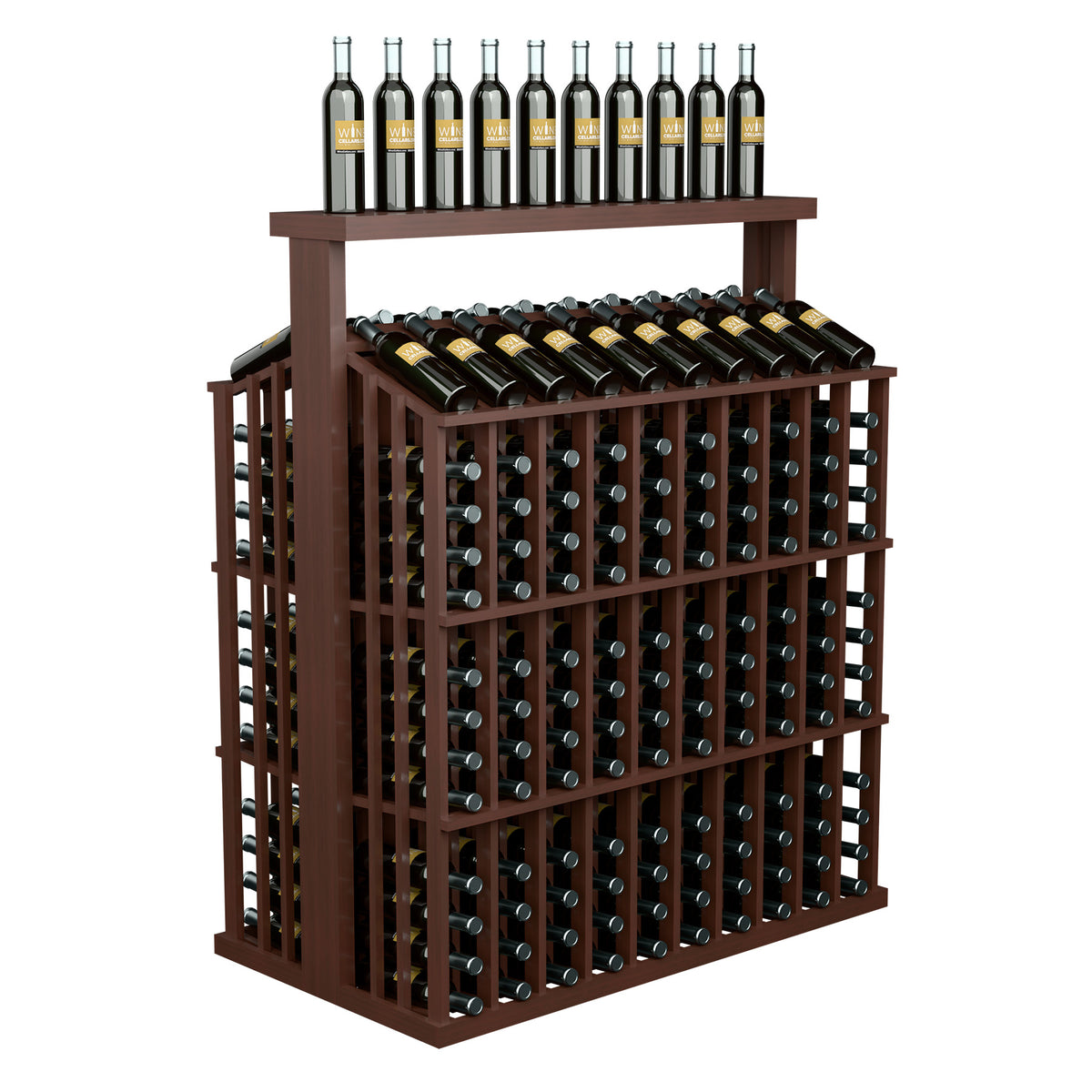 Commercial wine bottle display with solid top, dark wood frame, multiple bottle slots